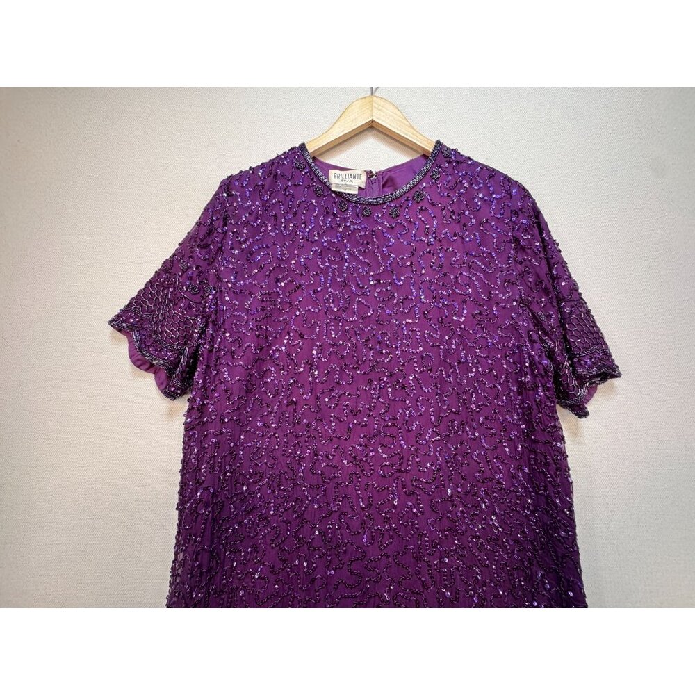Brilliante By J.A Silk Formal Midi Shift Dress Size 1X Purple Sequin - Picture 3 of 13